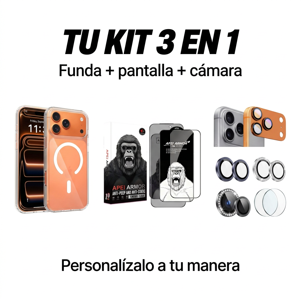 Kit personalizable 3 en 1 con funda, protector de pantalla y protector de cámara